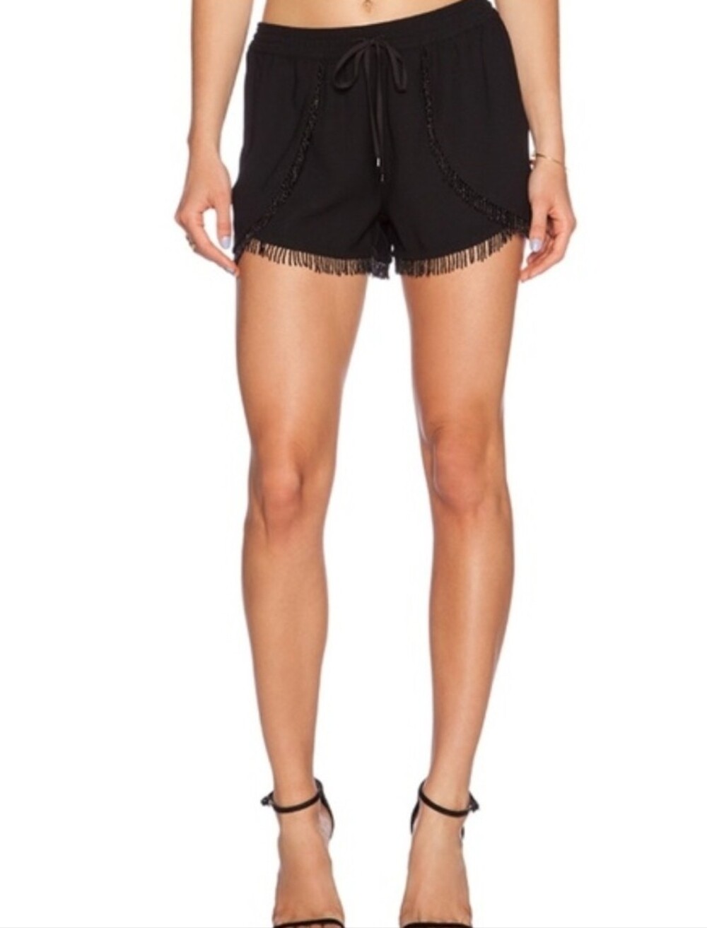 Sam Edelman Beaded Fringe Shorts Black High-Waist Womens Size Medium